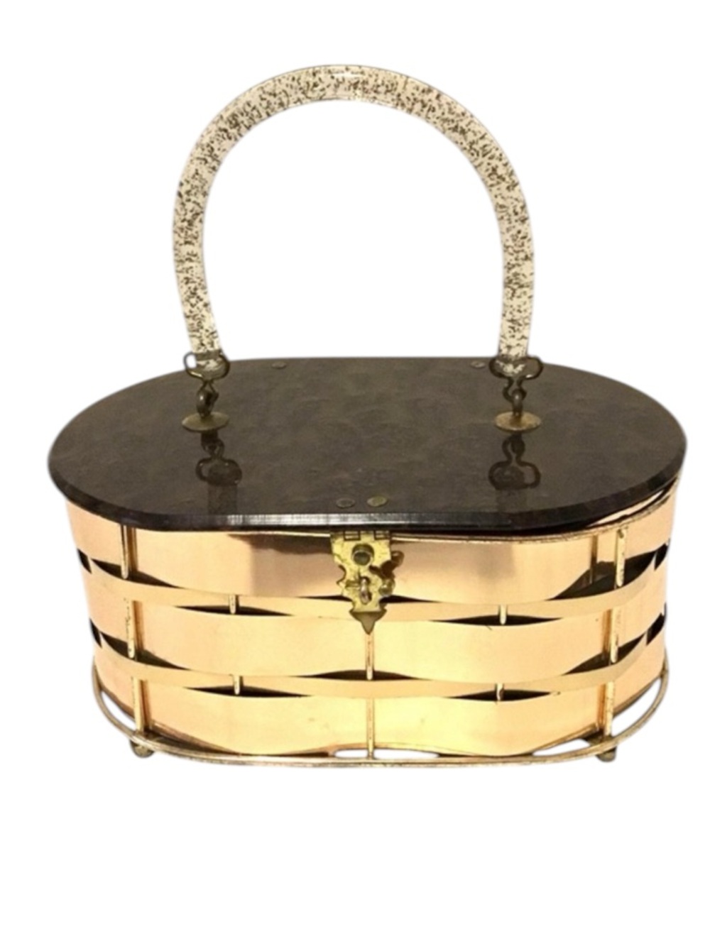 Vintage Kurt Goldstrom Tortoise Lucite & Gold Basketweave Metal Box Purse